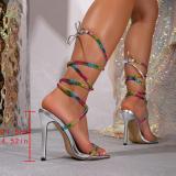 Strap Colored Diamond Straight Line Slimming High Heels Roman Slim Heel Open Toe Sandals