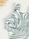 Light Green Zebra Patterned Bikini Three Piece Set