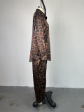 Casual Leopard Print Shirt with High Waistband and Cropped Pants Set