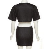 Letter Print Exposed Navel Short Vest High Waisted Slim Fit Half Skirt Cover