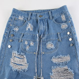Solid Color Denim Distressed Vintage Distressed High Waisted Zippered Patchwork Pockets with Open and Loose Half Skirt