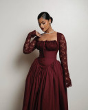 Square Necked Lace Long Sleeved Waist Cinched Solid Color Dress