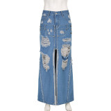 Solid Color Denim Distressed Vintage Distressed High Waisted Zippered Patchwork Pockets with Open and Loose Half Skirt