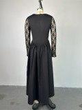 Square Necked Lace Long Sleeved Waist Cinched Solid Color Dress