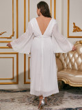 Oversized Pleated V-neck Long Sleeved Chiffon Dress