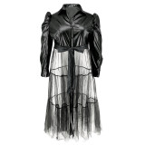 PU Leather Patchwork Mesh Button Cardigan Long Sleeved Dress