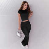 Solid Color Round Neck Short Sleeved Navel Exposed Top Slightly Spicy Long Pants Set