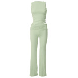 Solid Color Round Neck Short Sleeved Top High Waisted Long Pants Set