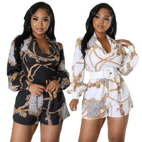 Gold Chain Printed Long Sleeved Casual Jumpsuit