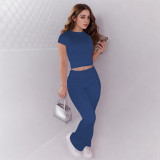 Solid Color Round Neck Short Sleeved Navel Exposed Top Slightly Spicy Long Pants Set