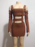 Long Sleeved Hollow Out Solid Color Suspender Off Shoulder Dress Short Skirt