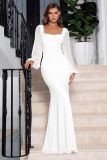 Solid Color Square Neck Chiffon Sleeve Slim Fit Wrap Buttocks Formal Dress