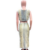 Handmade Worn-out Vest with Slit Denim Skirt Set