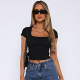 Solid Color Square Neck Short Sleeved Cropped Top with Exposed Navel