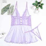 Wave Point Perspective Mesh Lace Crystal Buckle Pure Gentle Hanging Strap Sleeping Dress Set of Two