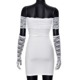One Shoulder Lace Dress with Gloves Set