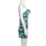 Open Back Camisole Slim Fit Retro Printed Buttocks Wrapped Dress