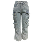 Washed Straight Leg Pants Workwear Pants Pocket Jeans