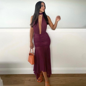 Solid Color Long Sleeved Pleated Low Neckline Mesh Long Skirt