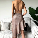Knitted Glitter Pink Sexy Backless Suspender Dress
