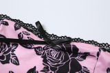 Rose Print Suspender Sexy Slim Fit Bag Hip Short Skirt Set