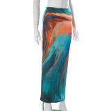 Leisure Painted Print with Exposed Navel Slim Fit Hip Length Skirt