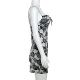 Open Back Camisole Slim Fit Retro Printed Buttocks Wrapped Dress