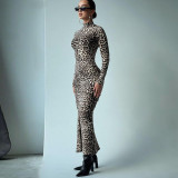 Leopard Print Long Sleeved High Waisted Spicy Girl Slit Dress