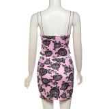 Rose Print Suspender Sexy Slim Fit Bag Hip Short Skirt Set