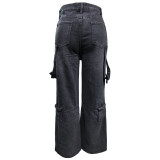Washed Straight Leg Pants Workwear Pant Pocket Jeans