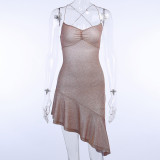 Knitted Glitter Pink Sexy Backless Suspender Dress
