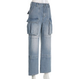 Large Pocket Splicing Workwear High Waisted Straight Leg Jeans
