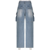 Large Pocket Splicing Workwear High Waisted Straight Leg Jeans