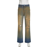 Washed and Distressed Retro Gradient High Waisted Jeans with Holes and Splashed Ink