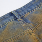 Washed and Distressed Retro Gradient High Waisted Jeans with Holes and Splashed Ink