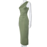 Solid Color Single Shoulder Sleeveless Pleated Slit Dress