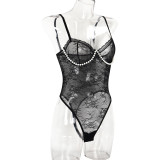 Pearl and Lace Suspender with Transparent Jumpsuit