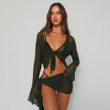 Mesh Perspective Strap Long Sleeved Wrapped Chest Top Casual Half Skirt Set