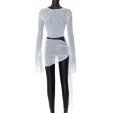 Mesh Perspective Strap Long Sleeved Wrapped Chest Top Casual Half Skirt Set