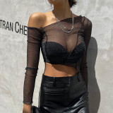 Slanted Shoulder Long Sleeved Mesh with Transparent Navel Exposed Spicy Girl Top