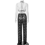 Solid Color Lace Neck Top High Waisted Pants Set