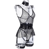 Mesh Patchwork Jumpsuit with Large Hanging Neck and Waist Leg Loop