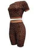 Mesh Digital Printed Short Sleeved Sexy Two-piece Set