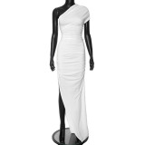 Solid Color Single Shoulder Pleated Dress High Waisted Slit Long Skirt