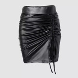 Black Leather Drawstring Skirt
