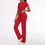 Solid Color Round Neck Short Sleeved Top with Strap and Pants Set