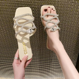 One Line Snake Shaped Diamond Flat Bottomed Square Toe Slippers