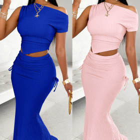 Solid Color Single Shoulder Top with Waistband and Pleated Long Skirt Set
