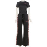 Round Neck Embroidered Short Sleeved T-shirt with High Waist and Colorful Tassel Casual Pants