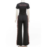 Round Neck Embroidered Short Sleeved T-shirt with High Waist and Colorful Tassel Casual Pants